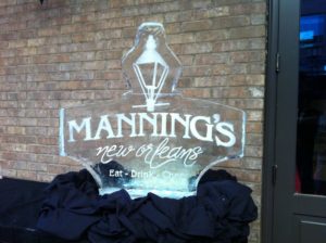 Manning's Sports Bar and Grill logo ice sculpture