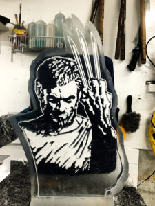 Hugh Jackman/Wolverine ice portrait, still in the freezer. Also one of the few ice sculptures for movies and tv we've done that has a mistake.