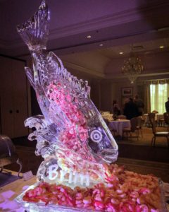 redfish ice sculpture filled with chilled shrimp