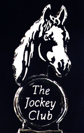 Engraved ice carving of a horse head for The Jockey Club in New Mexico