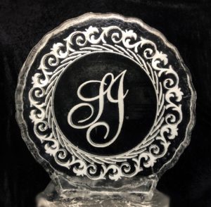 elaborate engraved monogram ice sculpture with SJ initials