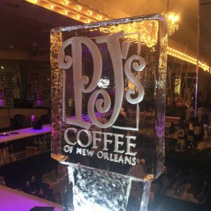 PJ's Coffee of New Orleans logo ice sculpture by ice dragon ice sculptures