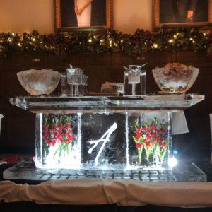 an ice bar with flowers and ice bowls for Arnaud's anniversary