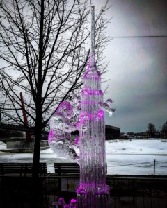 an ice sculpture of King Kong scaling the Empire State Building. At a competition in Latvia and sculpted by Dawson List
