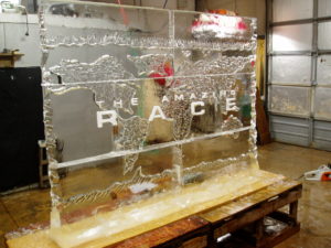 ice sculpture wall of the Amazing Race logo