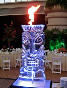 a Tiki head ice sculpture with fire special effects. By ice dragon ice sculptures