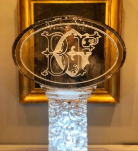 BGF monogram on a column wedding ice sculpture at the Ritz Carlton