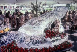 large gator head ice sculpture filled with Ponchatoula strawberries