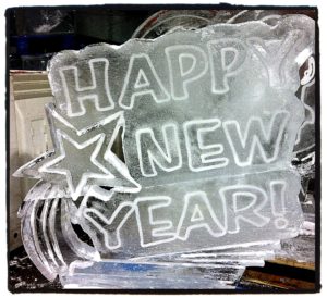 Happy New Year with shooting star ice sculpture