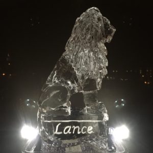 a lion ice sculpture for Lance, by ice dragon ice sculptures
