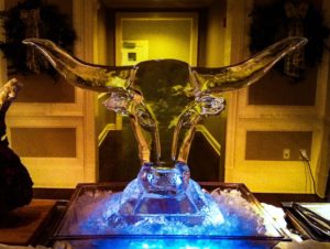 a longhorn ice sculpture at a country club event. By ice dragon ice sculptures
