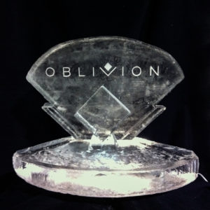 a futuristic oyster ice sculpture styled like the Oblivion movie logo