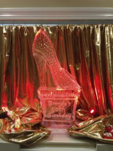 a stiletto high heel ice sculpture for Brenda's 50th birthday, by ice dragon ice sculptures