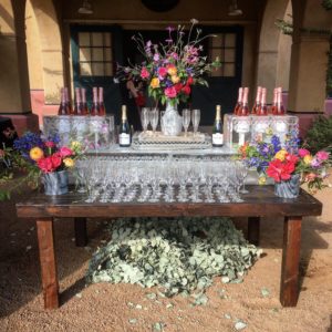 a tabletop champagne bar at a wedding in New Mexico