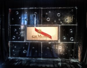 a G.H. Mumm champagne ice wall at the Royal Sonesta Hotel