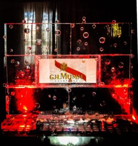 a G.H. Mumm champagne ice wall at the Royal Sonesta Hotel