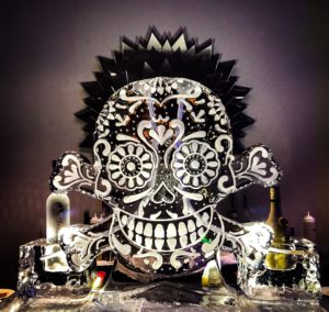 a sugar skull ice luge for a 2019 Tales of the Cocktail event at Le Pavillon hotel