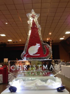 dog and cat Christmas tree ice sculpture for a charity event