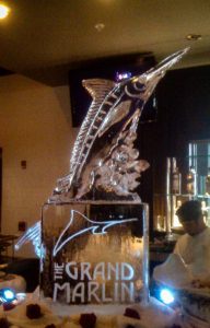 marlin and logo ice sculpture by ice dragon ice sculptures for the grand opening of the Grand Marlin in Pensacola Beach