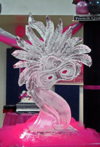 a Sweet 16 Mardi Gras mask ice sculpture by ice dragon ice sculptures