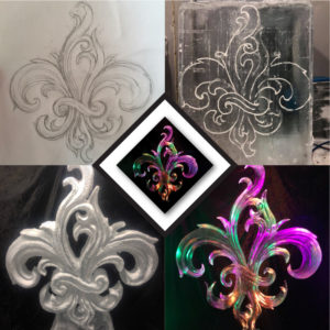 a step by step evolution of the Mardi Gras fleur de lis sculpture: from rough drawing to finished ice