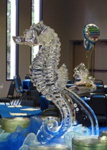 a seahorse ice sculpture for a bar mitzvah in Mobile, by ice dragon ice sculptures