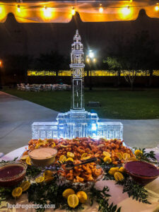 LSU War Memorial Tower ice sculpture with seafood