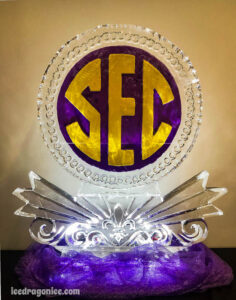purple and gold SEC logo ice sculpture