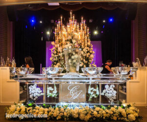 a long monogram flowered ice bar at the Orpheum in New Orleans. By ice dragon ice sculptures