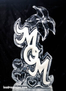 MOM with flower ice sculpture in the freezer; by ice dragon ice sculptures