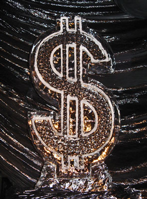a dollar sign ice sculpture by ice dragon ice sculptures