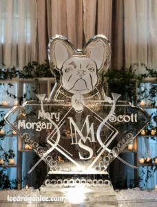 a Frenchie double ice luge with names and monogram at Watercolor in the Florida panhandle. By ice dragon ice sculptures