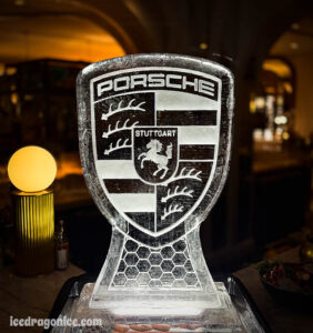 Porsche logo ice sculpture at the Four Seasons New Orleans by ice dragon ice sculptures