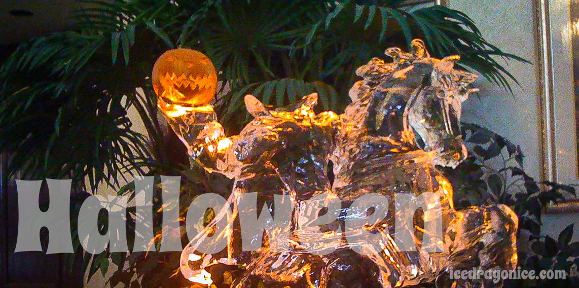 Halloween title graphic with a Headless Horseman ice sculpture in the background