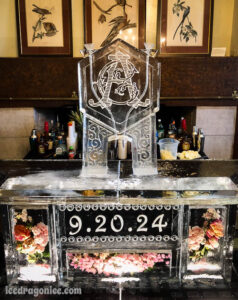 a flowered ice bar that featured the wedding date as well a monogram luge on top. At the Old Governor's Mansion in Baton Rouge