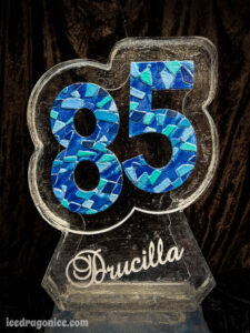 shades of blue 85th birthday ice sculpture for Drucilla, by ice dragon ice scuptures