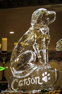 an ice sculpture of Carson the dog, by ice dragon ice sculptures