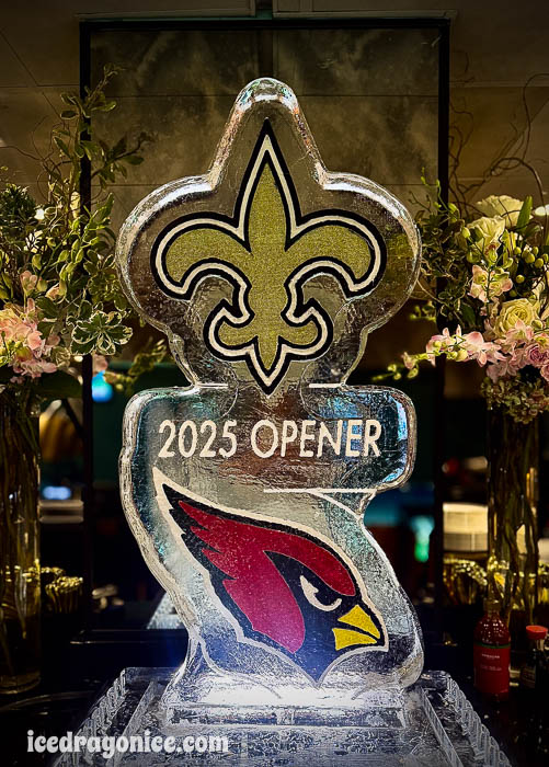 New Orleans Saints fleur de lis and Arizona Cardinals ice sculpture by ice dragon ice sculptures
