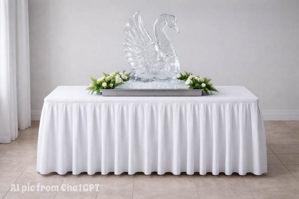a typical ice sculpture set up with a swan sculpture and a skirted banquet table (AI generated by ChatGPT)